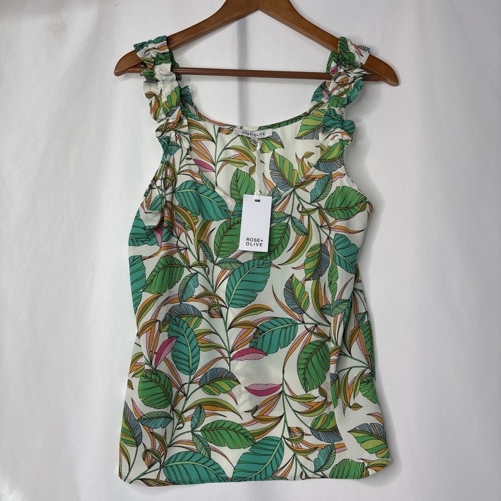 Rose‎ & Olive M Tropical Leaf Tank Top Ruffle Straps Island Colorful NWT